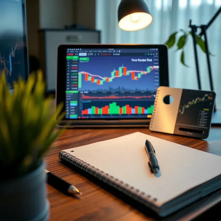 Applying Knowledge from Free Trading Books in Real Scenarios Desk setup featuring a notebook, chart analysis tools, and a tablet showing trading concepts