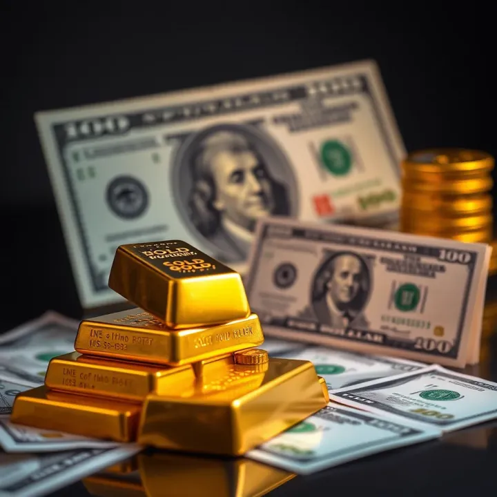 Gold bars stacked with US dollar bills in the background symbolizing gold price trading