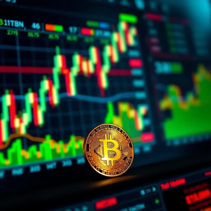 Technical analysis dashboard displaying candlestick charts and market sentiment metrics