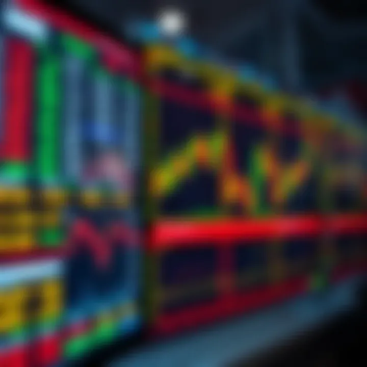 Forex trading charts and currency symbols displayed on a digital screen