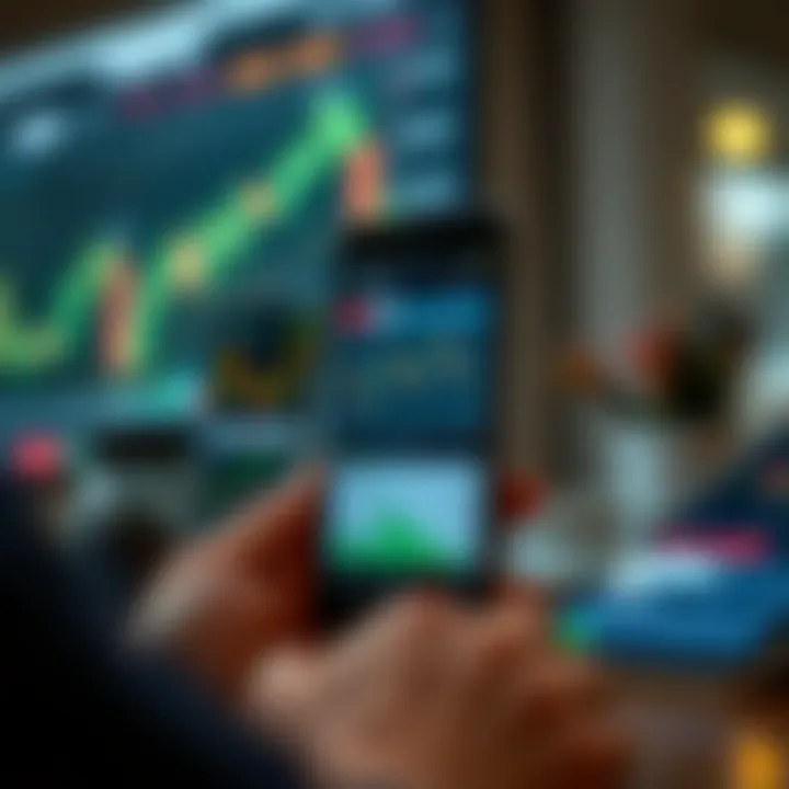 Mobile phone displaying various trading app interfaces with charts and market data