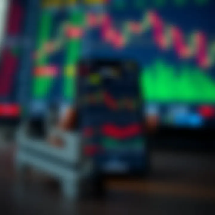 Mobile device displaying a trading app interface with charts and market data