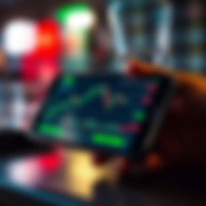 Mobile phone displaying trading app interface with financial charts and data