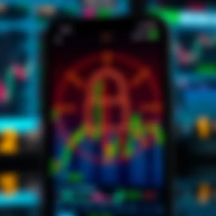 Secure digital padlock icon overlay on a smartphone screen showing financial market graphs