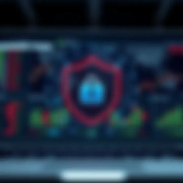 Secure online trading platform representation featuring shield icon and digital security elements