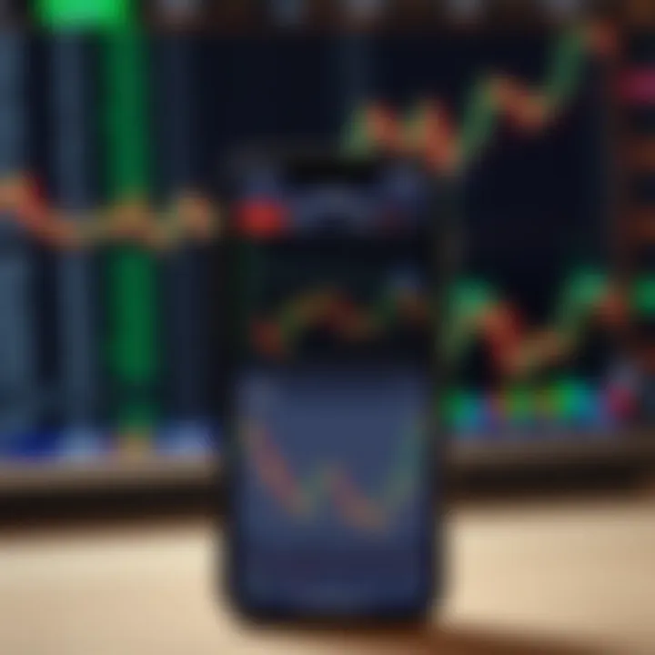 Mobile phone displaying a forex trading app with currency charts and market indicators