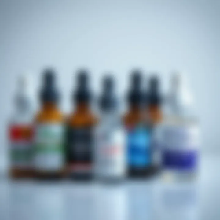 Various types of eye drops displayed in small bottles on a clean surface