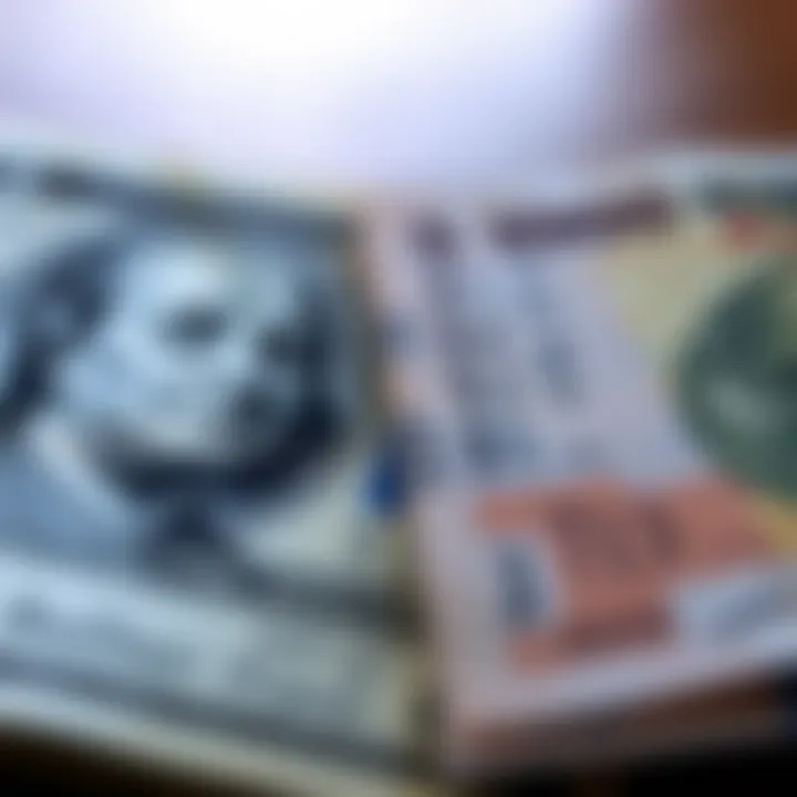 Close-up of US dollar bills and Pakistani rupee notes side by side