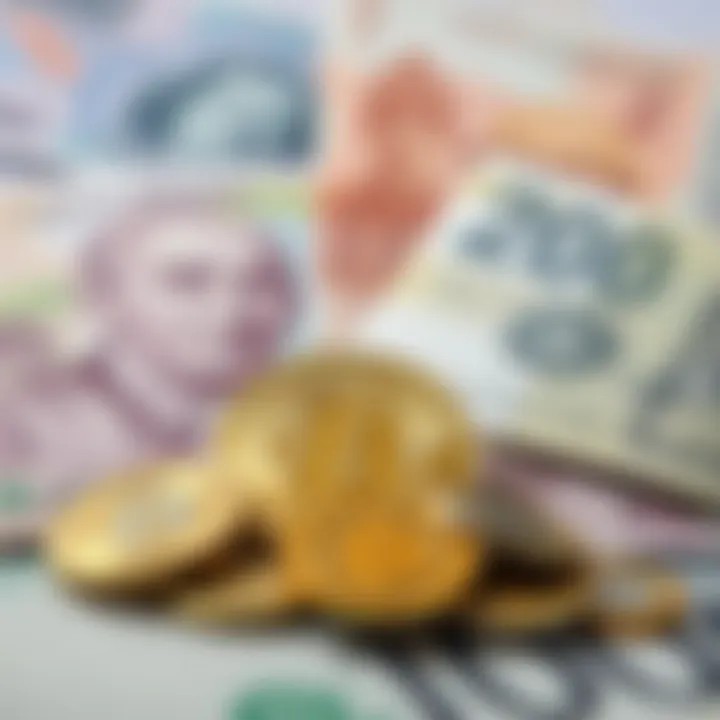 Digital cryptocurrency coins juxtaposed with traditional banknotes and coins illustrating comparison of financial systems