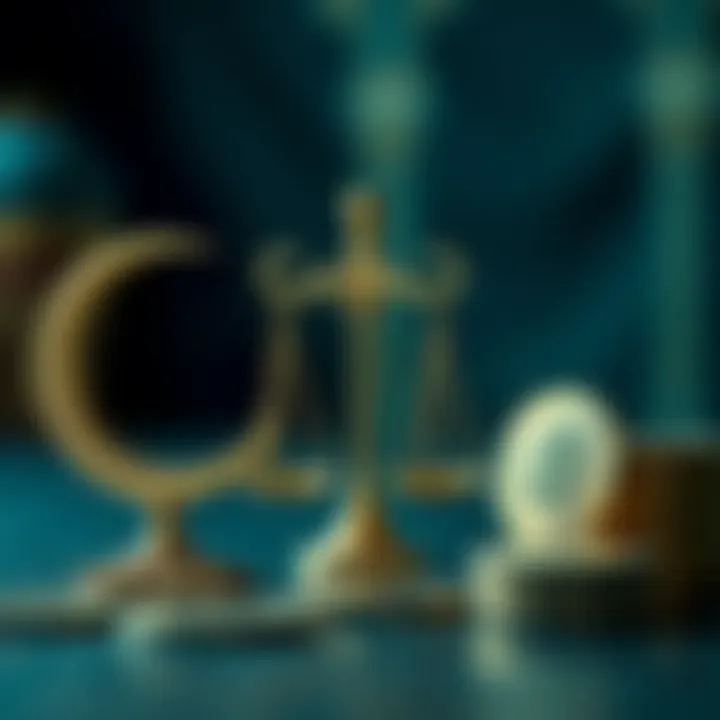 Islamic finance symbols including a crescent, scales of justice, and currency icons representing halal financial principles