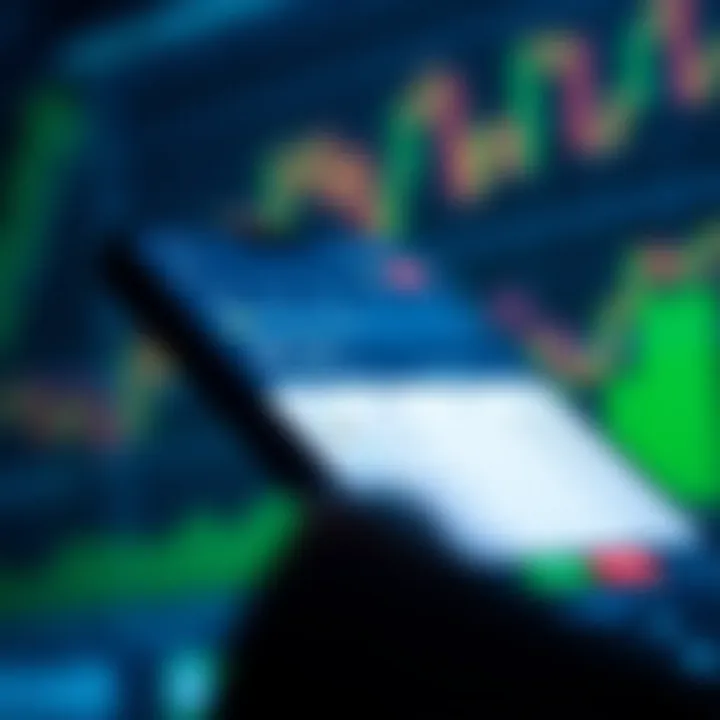 Trading App Dashboard Featuring Market Trends and User Interface Smartphone screen displaying a trading app dashboard with stock market graphs and trading options