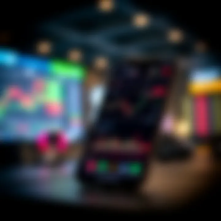 Mobile phone displaying a trading app interface with charts and financial data