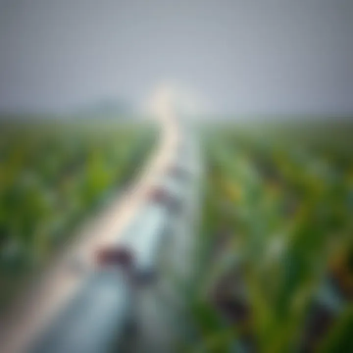 Irrigation system watering sugarcane crop with visible pest control measures in place