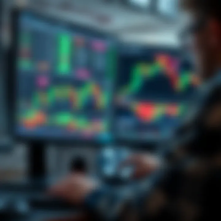 Illustration showing a trader analyzing forex charts with annotations and PDF resources for learning