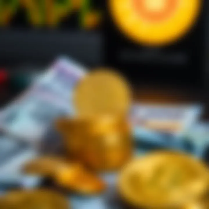 Representation of Gold as an Investment Asset in Pakistan's Economy Close-up of gold coins and currency notes symbolizing investment and economic value