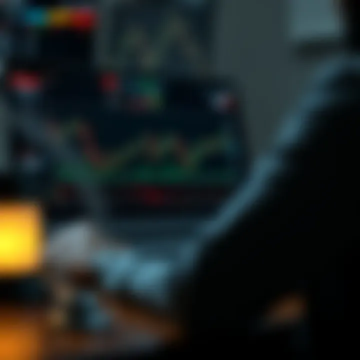 Conceptual graphic showing a trader analyzing market trends on a laptop with various financial indicators