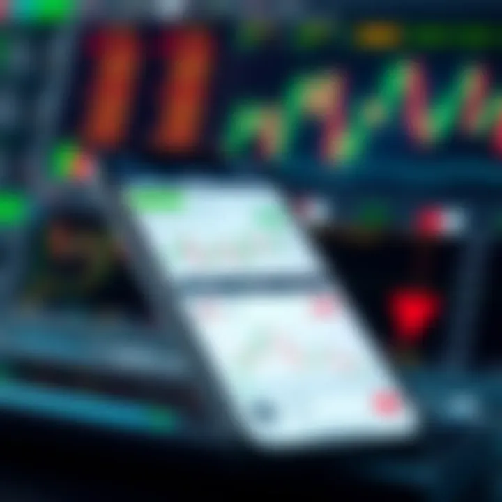 Mobile phone displaying a trading app interface with charts and market data