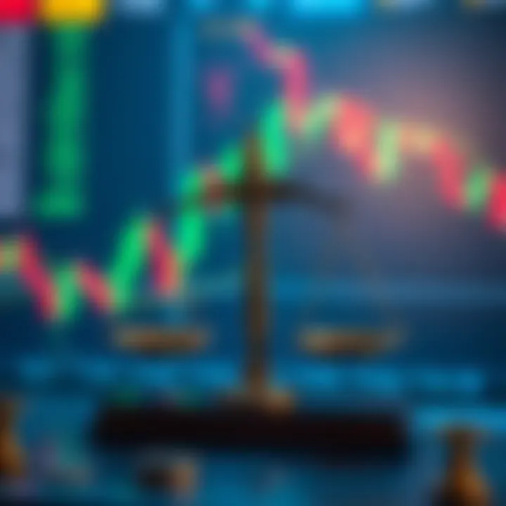 Islamic finance principles symbolized by scales of justice over a background of financial charts