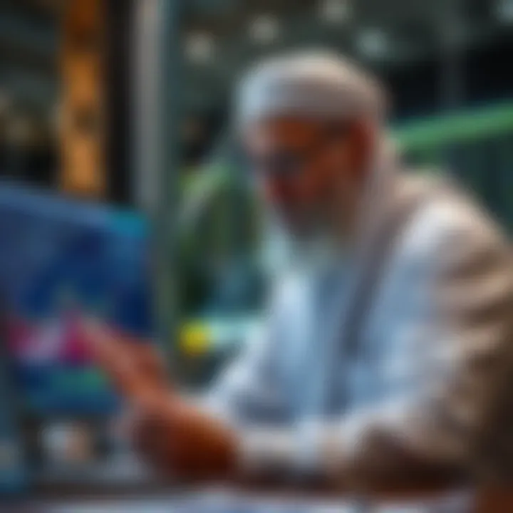 Islamic scholar analyzing financial charts and discussing Shariah compliance of Quotex trading