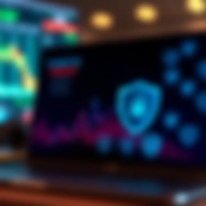 Conceptual graphic of risk management strategies including graphs and shield icons representing protection in online trading