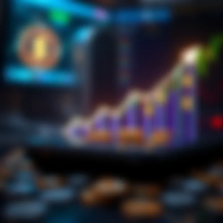 Conceptual illustration of digital investment with currency symbols and upward trend graphics