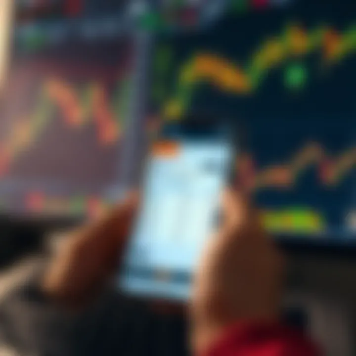 Mobile device displaying a trading application interface with charts and stock options