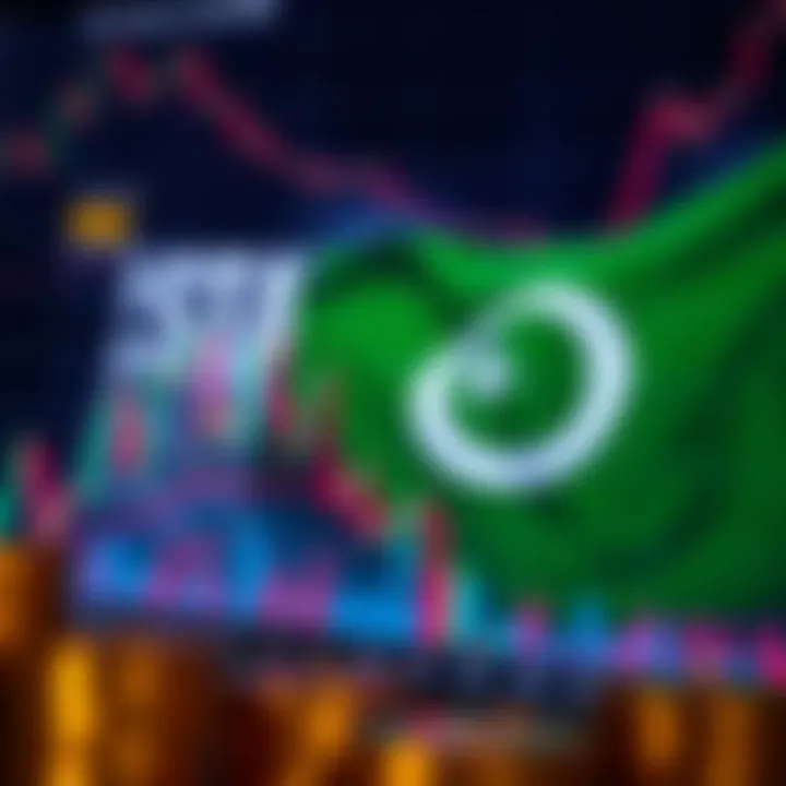 Digital chart showing cryptocurrency price trends and trading volume with a Pakistani flag in the background