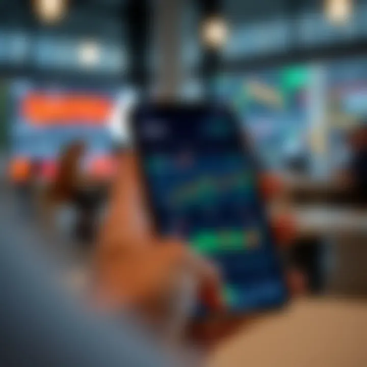 Mobile phone displaying Quotex trading platform with charts and indicators