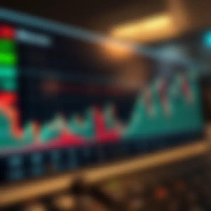 Graph showing Bitcoin price fluctuations with trend lines and volume indicators