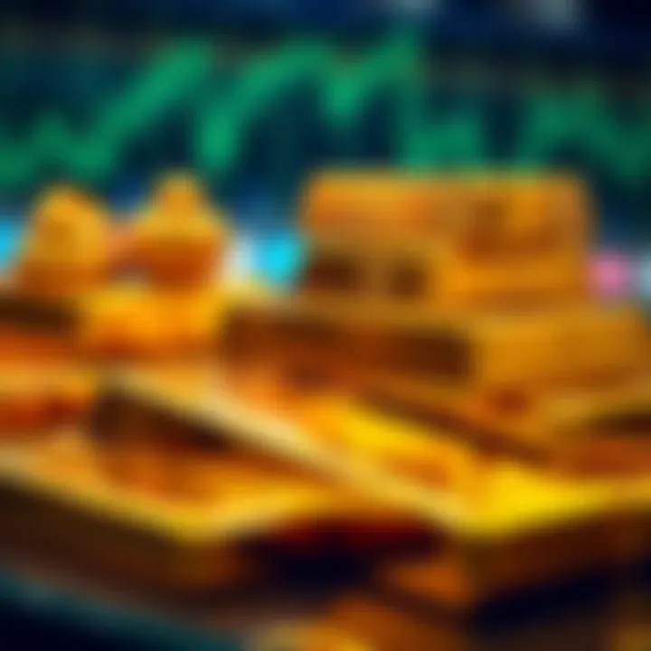 Close-up of gold bars stacked symbolizing investment value and market trends