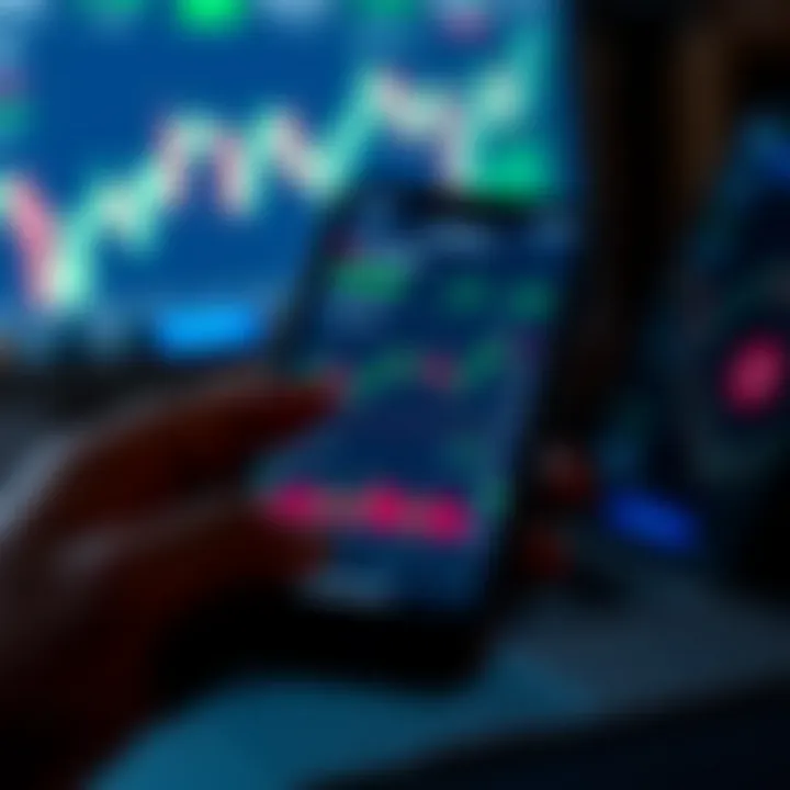 Mobile phone displaying a trading application interface with charts and stock data