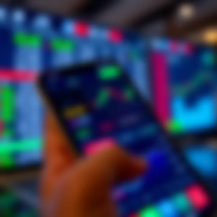 User interface of a mobile trading platform showing stock charts and trading options