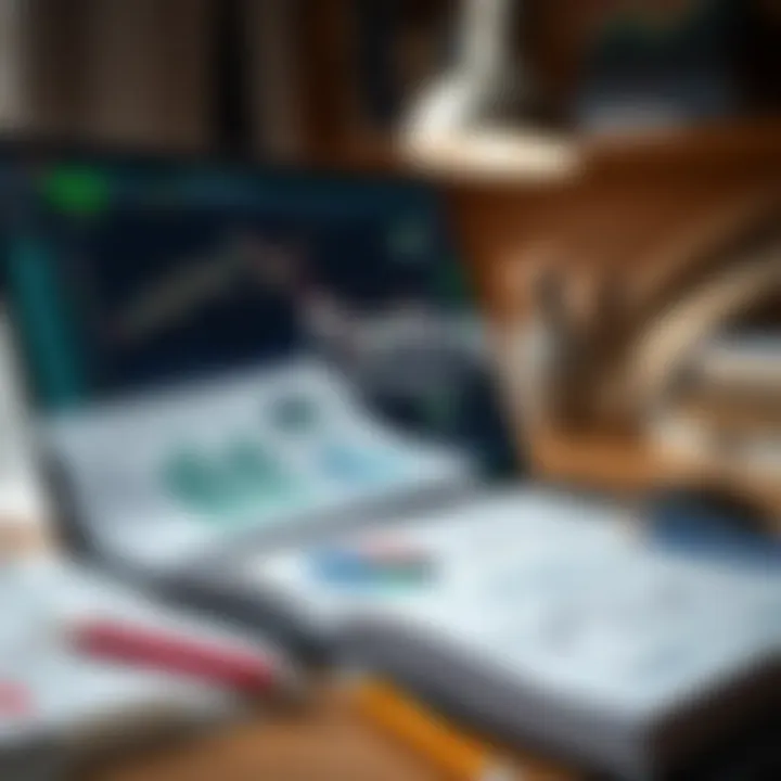 Graphic depicting key trading concepts such as risk management and strategy planning with charts and educational materials around a laptop