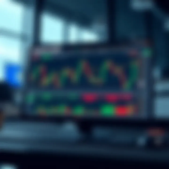 Illustration of a digital trading platform showing a simulated market interface with charts and data