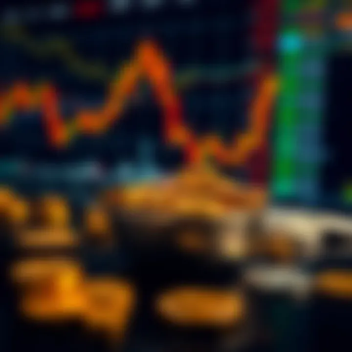 Visual representation of buying and selling gold with market indicators and currency elements