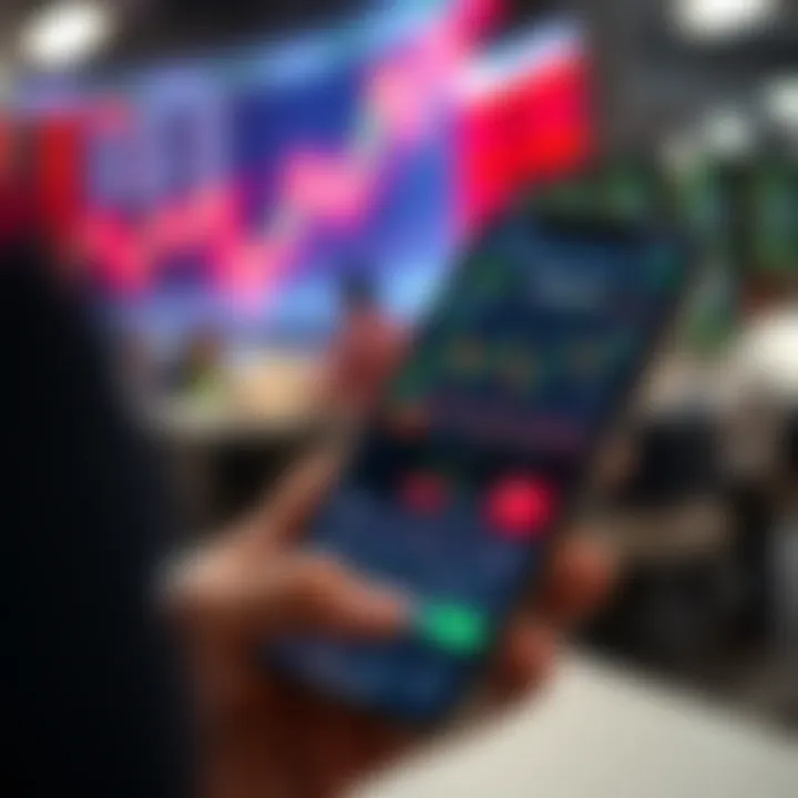 Mobile phone displaying stock market charts and trading app interface for Pakistani investors