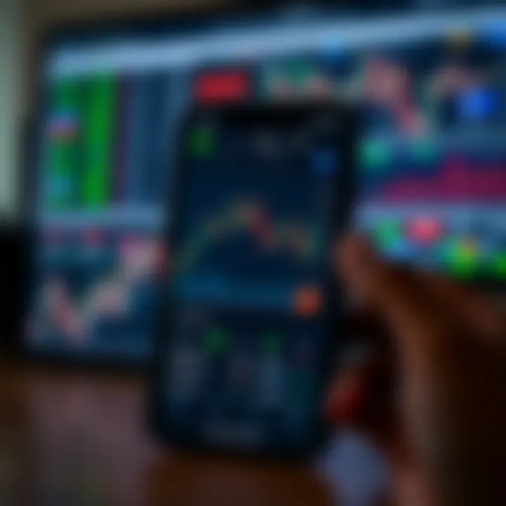 Mobile device displaying a trading application interface with market charts and various trading tools