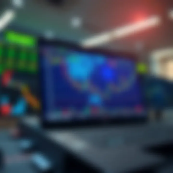 Illustration of virtual trading environment with digital currency symbols and performance graphs