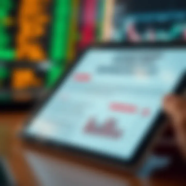 Illustration of a digital tablet displaying a trading PDF with highlighted sections and graphs