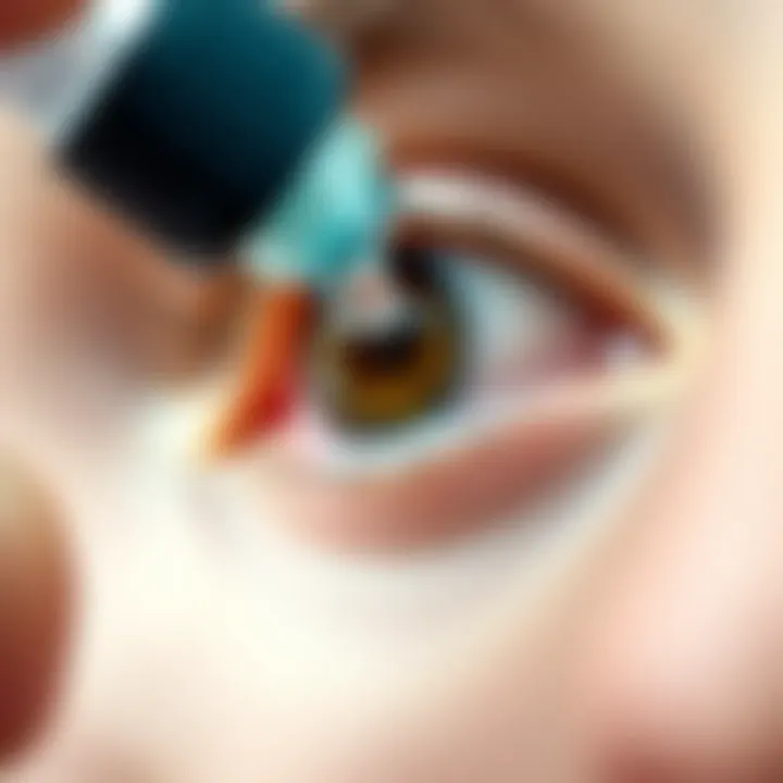 Close-up of an eye drop bottle with a drop falling towards an open eye