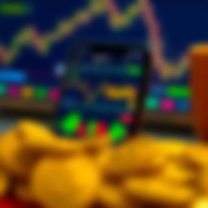 Mobile phone displaying gold price chart with trading signals on screen