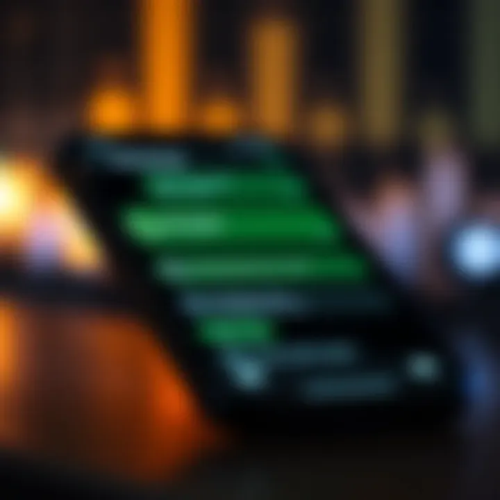 Illustration of a smartphone with WhatsApp chat bubbles containing gold trading tips and alerts