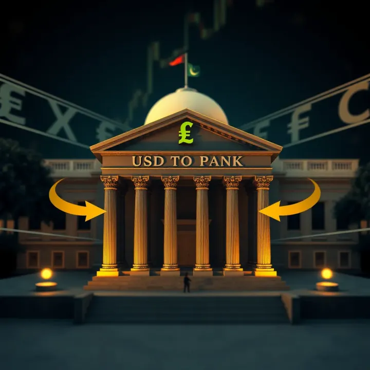 Central Bank Policies and Their Effect on USD to PKR Exchange Rate Illustration showing central bank building with currency symbols and arrows representing policy influence on exchange rates