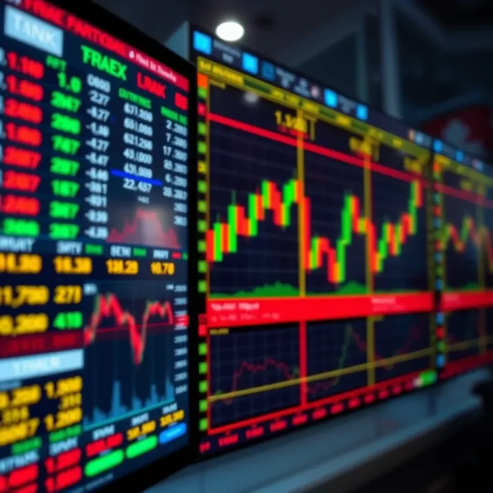 Forex trading charts and currency symbols displayed on a digital screen