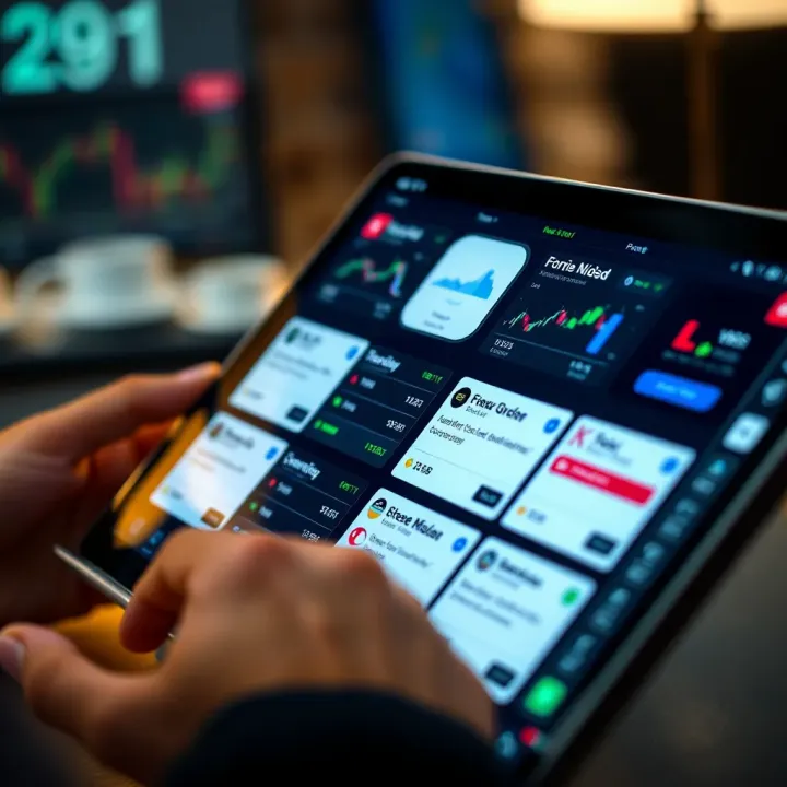 Comparison of multiple forex trading apps with features highlighted on a digital tablet