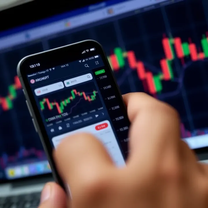 Mobile phone displaying a forex trading platform with charts and currency pairs