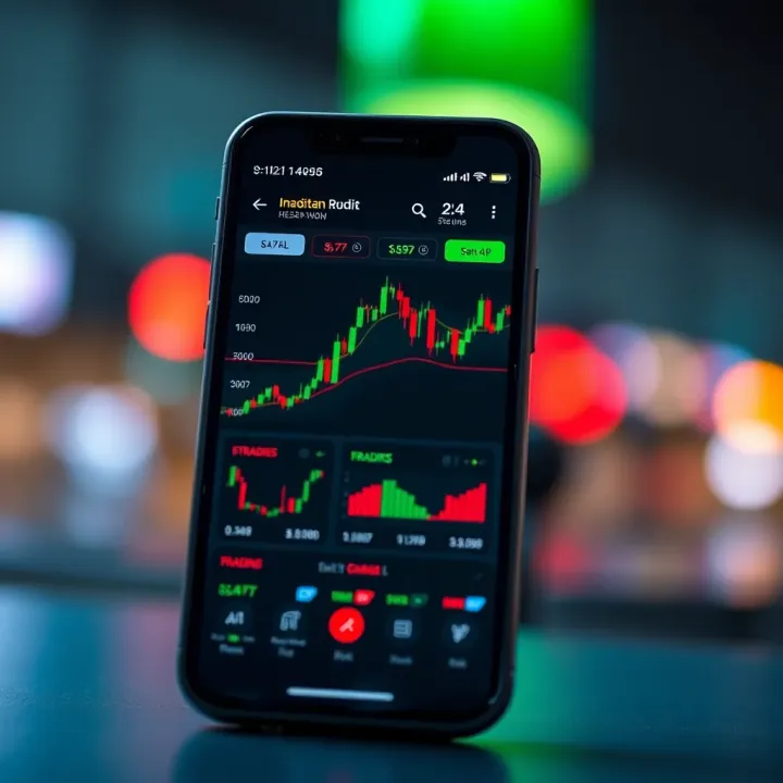 Mobile phone displaying a trading app interface with charts and financial data