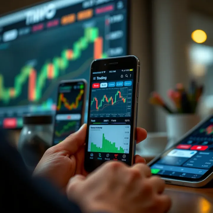 Mobile phone displaying various trading app interfaces with charts and market data
