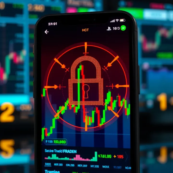 Secure digital padlock icon overlay on a smartphone screen showing financial market graphs