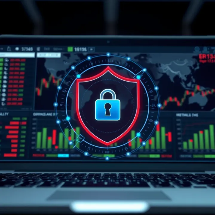 Secure online trading platform representation featuring shield icon and digital security elements